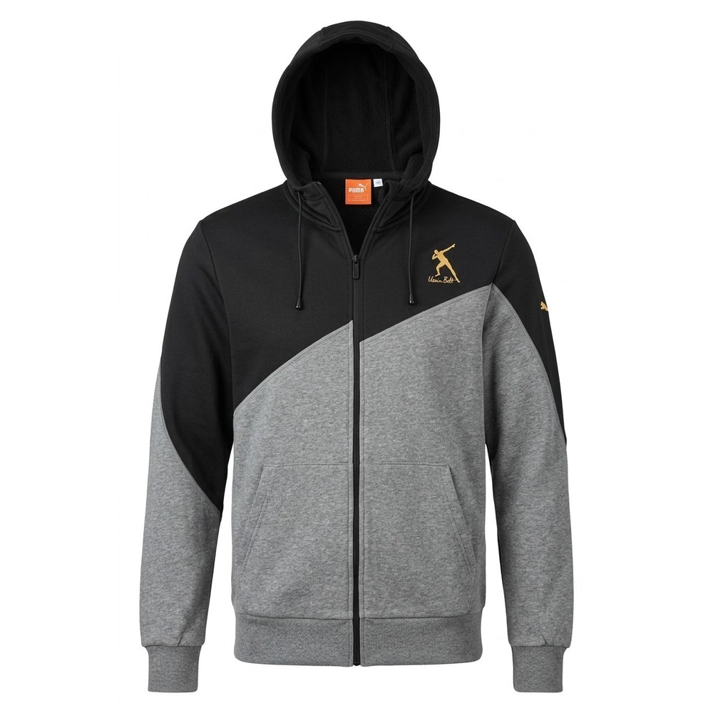 Puma Usain Bolt Zip‎ Up Hoodie Men's Medium Black Gray Orange Logo Track Jacket